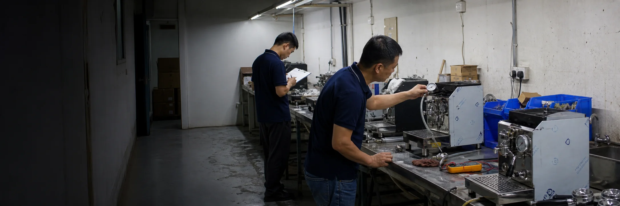 Quality control checkpoint on a coffee machine export line