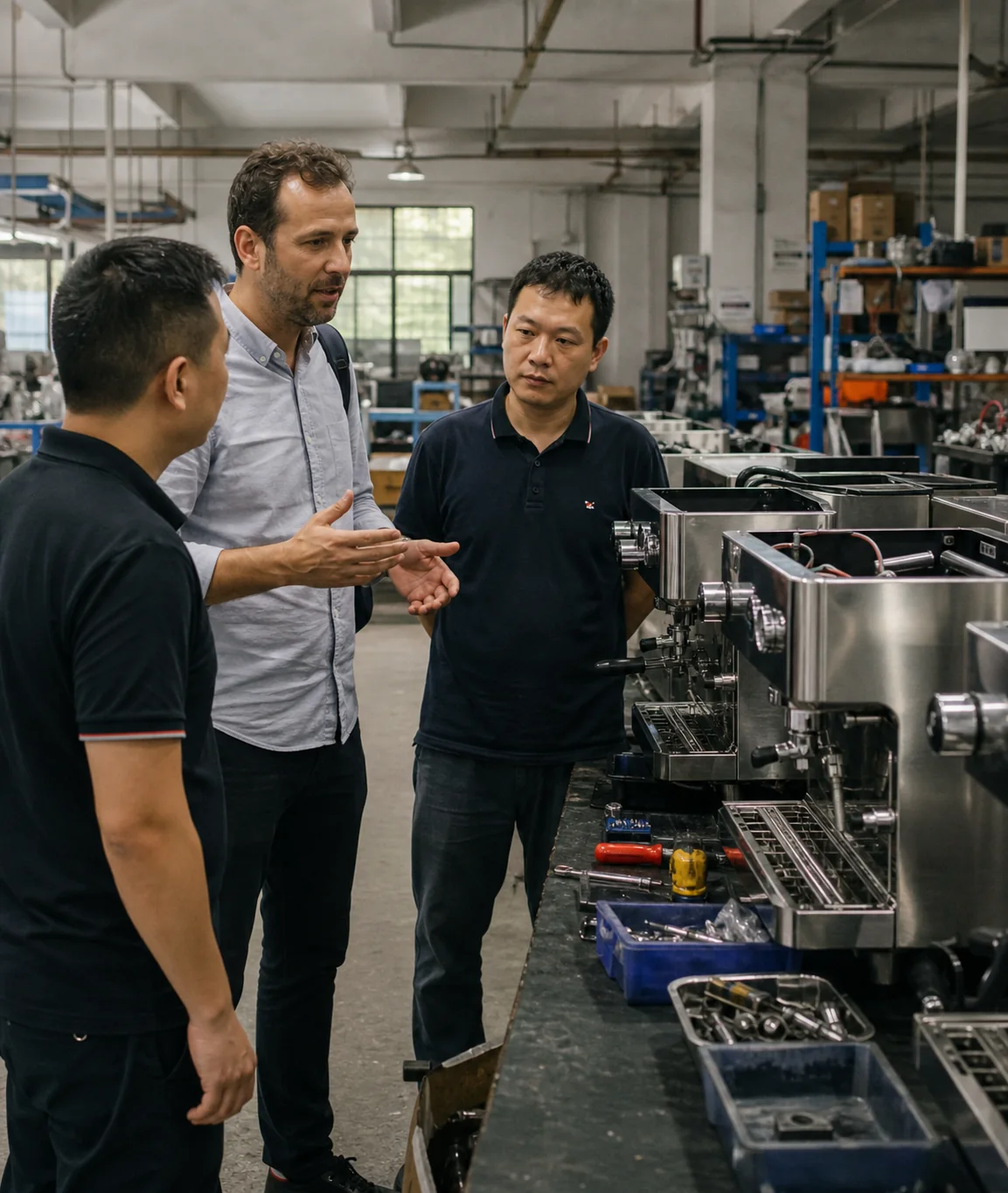 YEEZER team reviewing production with a Foshan coffee machine partner